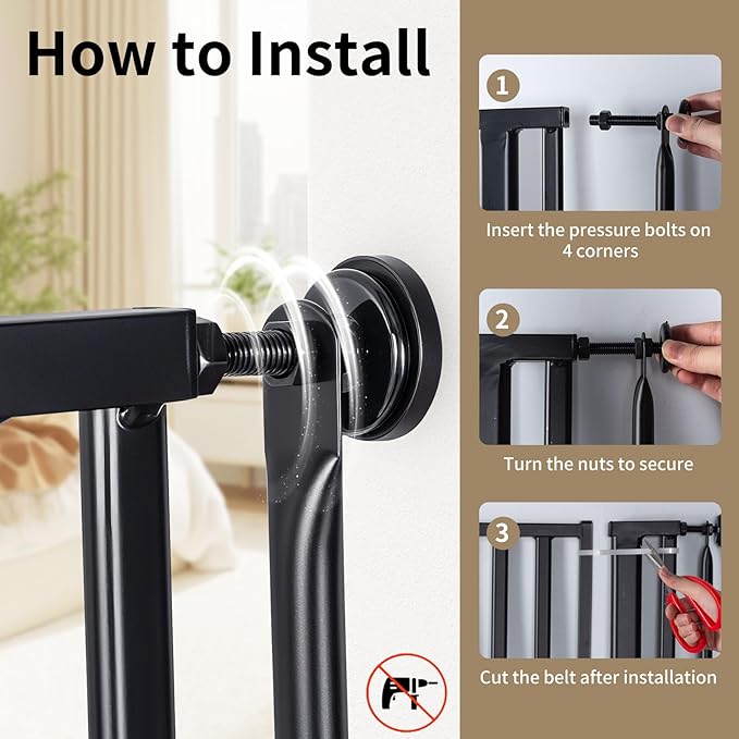 59“ Extra Tall Cat Gate for Doorway：29.4-33.4” Wide Pet Gate, Auto Close/One Handed Open, 1.34” Extra Small Gap, No Drill Pressure Mount Tall Cat Gate for Interior Stairs/Kitchens/Hallways (Black)