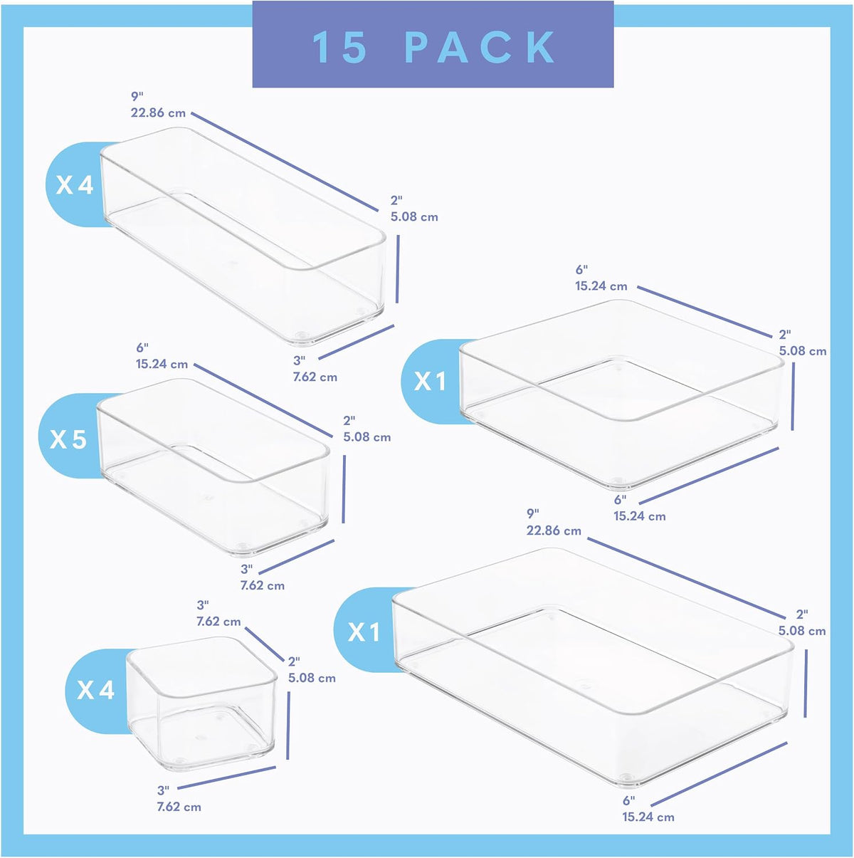 primebox Fifteen Pieces. Plastic Clear Drawer Organizers. Bathroom, Kitchen, Bedroom, Utensils, Office Organizer Bins, Storage Trays. Heavy Duty, Stackable 5 Sizes.