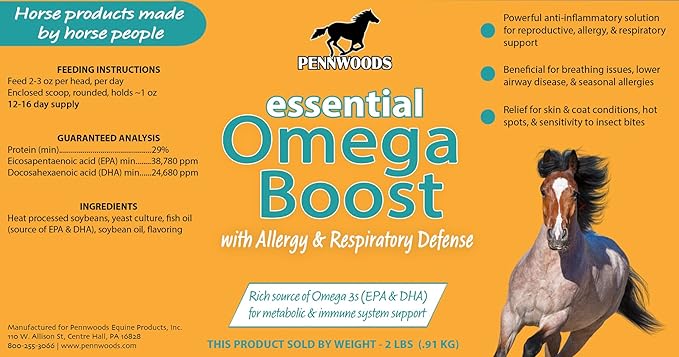 Pennwoods Essential Omega Boost for Horses - Soothe Allergies, Support Respiratory Health, Enhance Breeding, Made in The USA 2lbs.