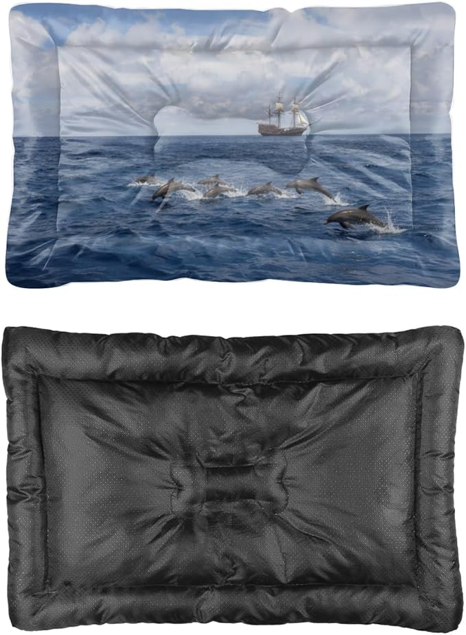 Dolphins Tall Ship Ocean Scene Pet Bed Dog Mat Dog Bed Pad for Crate Washable Non-Slip Cushions for Lining Pet Crates Beds Furniture Crate Mat Tapete para Perros Indoor Outdoor 36X24 Inch