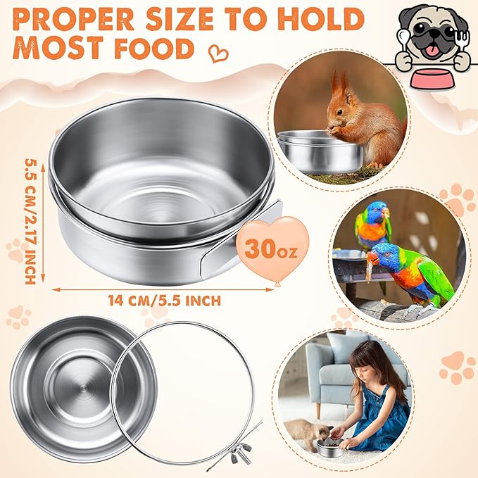 Aoriher 4 Pack Large Bird Feeding Dish Cups 30 oz Stainless Steel Parrot Feeders Food Water Cage Bowls with Clamp Holder for Cockatiel Conure Budgies Parakeet Macaw Small Dog Cat Animal