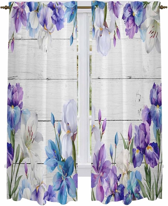 Spring Flowers Kitchen Curtains, Watercolor Garden Florals Wooden Grain Light