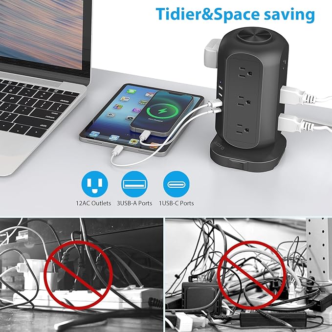 Long Extension Cord 15 ft Power Strip Tower, Surge Protector 12 AC Outlets 4 USB(1 USB C) Ports, Charging Tower Overload Protection with Multiple Outlets for Home Office