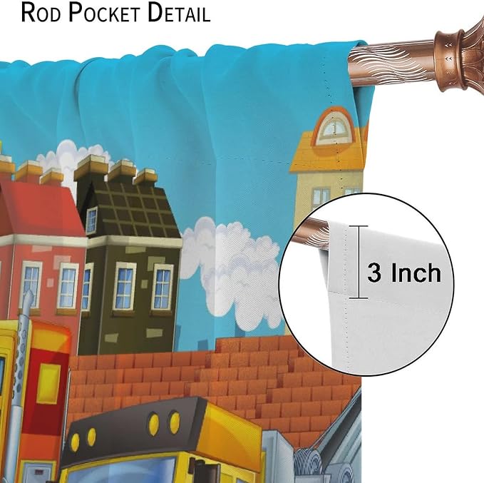 Kids Cartoon Construction Window Curtains, Funny Construction Site Cars and