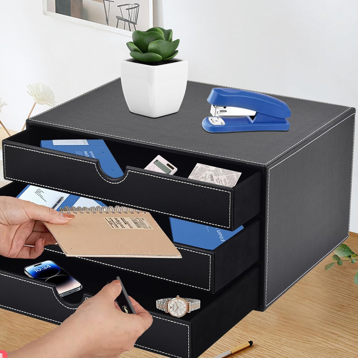 PU Leather Desk Organizer with 3 Drawers,Executive Office Supplies Desktop Filing A4 File Cabinet/Holder for Jewelry/Bill/Paper/Documents/Makeup Home Decor Stationery Storage Box,Black