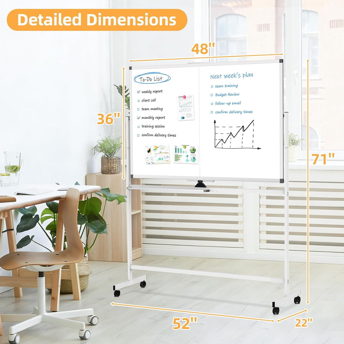 Rolling Dry Erase Whiteboard with Stand, 48" x 36" White Board on Wheels