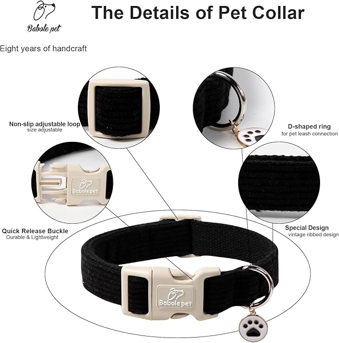 Cute Corduroy Dog Collar - Black Adjustable Dog Collars for X-Small Dogs 4-10lbs, Fade-Proof with Secure Snap & Little Charm, Christmas Birthday Gift, XS