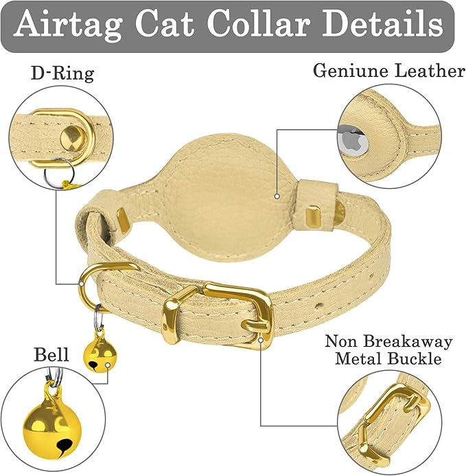 OOPSDOGGY Leather AirTag Cat Collar with Bell - Non Breakaway Kitten Collar with Apple Air Tag Holder - Lightweight GPS Pet Collars for Girl Boy Cats, Small Dogs, Puppies (Beige)