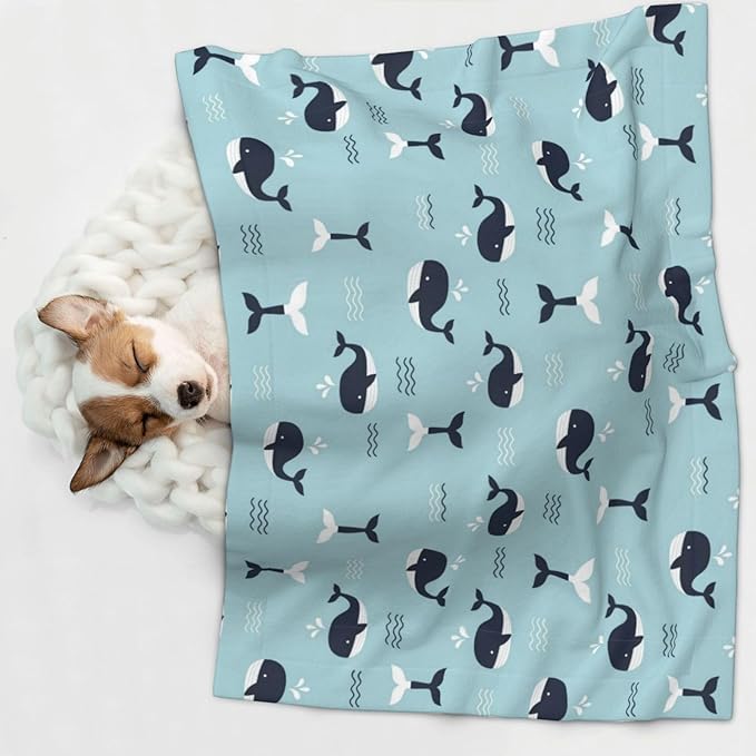 Reversible Plush Throw for Dogs and Cats, Whale in Ocean Pattern, Double Sided Blanket with Nubby Dot Side and Sleek Side Ideal for Cuddling Nesting Security