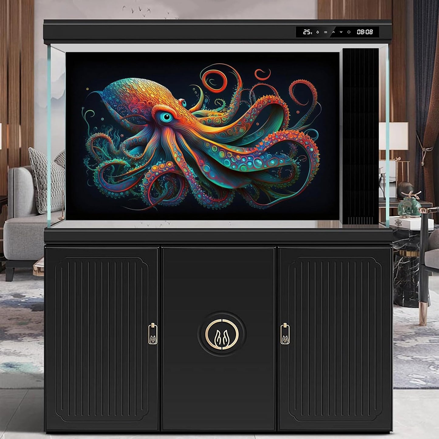 Octopus Aquarium Background Abstract Colorful Octopus Terrarium Background Glowing Octopus on Black Background Fish Tank Backdrop Poster Wallpaper Decorations Vinyl 24x16in