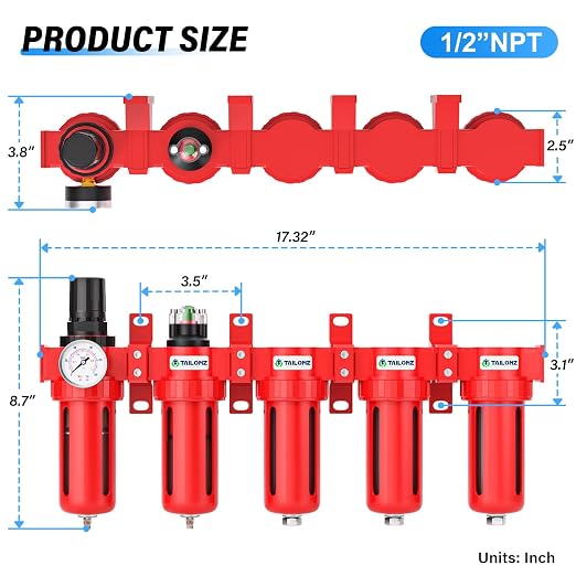 TAILONZ PNEUMATIC 0-150PSI 1/2 Inch NPT Red Industrial Grade 5 Stage Air Drying