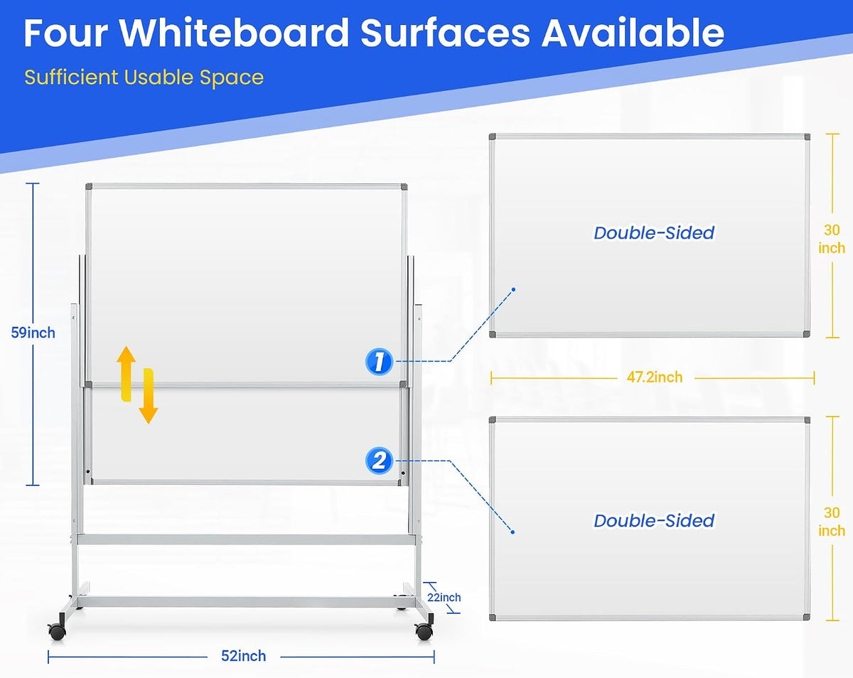 60 x 48 in Rolling Whiteboard Height Adjustable White Board on Wheels