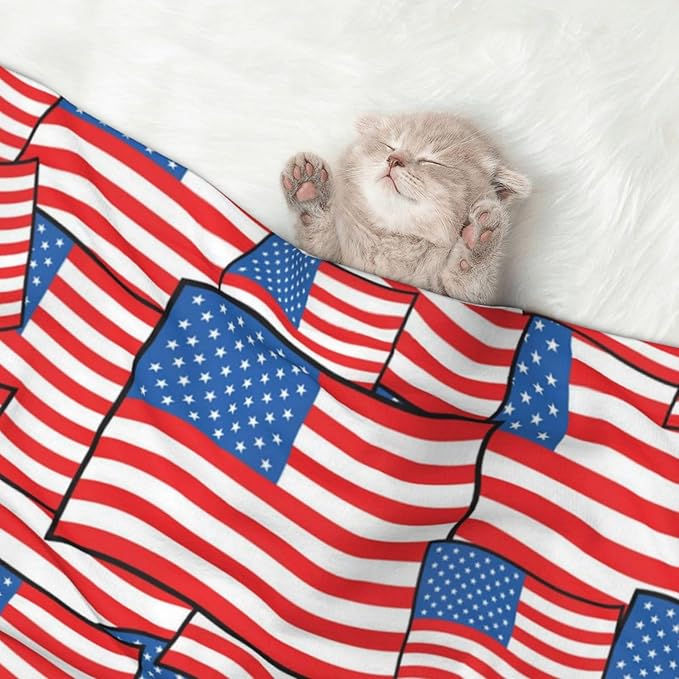 Two Sided Plush Pet Blanket for Crates Carriers Home Use, Novelty American Flag, Reversible Throw with Cozy Dot Fabric and Silky Reverse for Small Large Pets