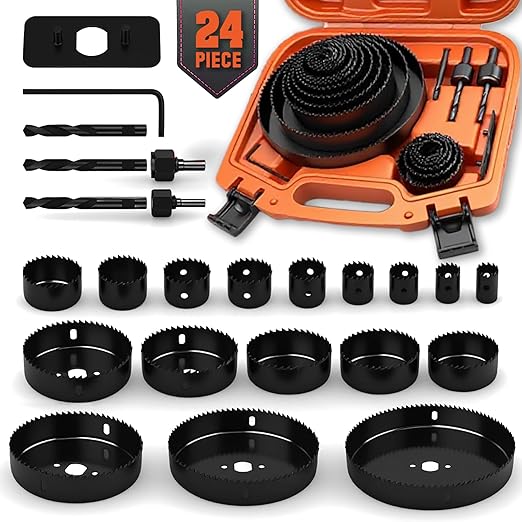 HORUSDY Hole Saw Set 24PCS Hole Saw Kit,Hole Saw Drill Bit Kit, 3/4"-6" (19-152mm) 17PCS Saw Blades, 2 Mandrels, 3 Drill Bit, Installation Plate, Hex Key, For Drywall, Soft Wood, Plywood, Plastic, PVC