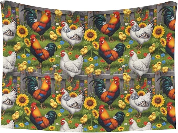 Pet Blanket for Indoor Outdoor Use, Chicken Rooster Garden Flowers Painting, Two Sided Reversible Plush Mat with Bumpy Dot Texture for Patios Crates Portable Bed Companion