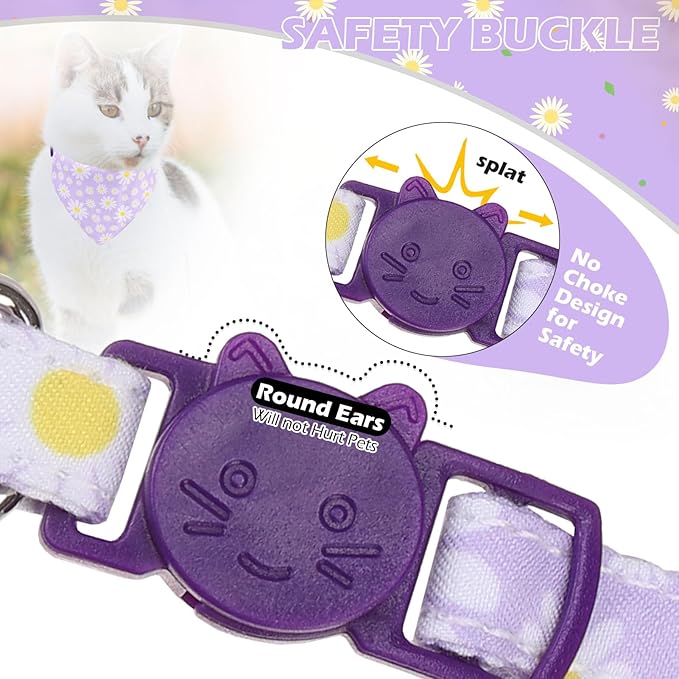 EXPAWLORER Cute Cat Collar Breakaway with Bells - 2 Pack Adjustable Floral Pet Collar with Removable Bow Tie and Bandana, Safety Buckle for Girl Boy Cats Kitten, Pink Purple Daisy