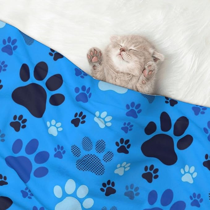 Double Sided Plush Pet Blanket with Cozy Dot Texture and Smooth Reverse, Blue Puppy Pug Dog Paw Print, Reversible Throw for Dogs Cats on Couches Beds Crates