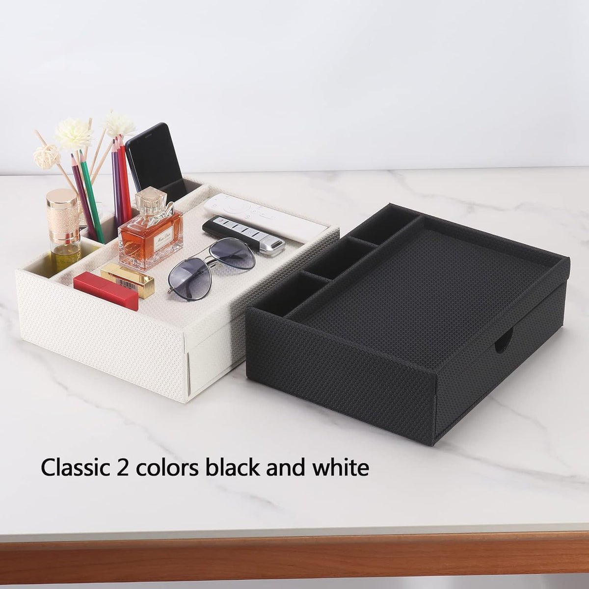Leather Desk Organizer With Drawers, Home Cosmetics & Phone Remote Organizer, Drawer Plus Divider & Tray (white)