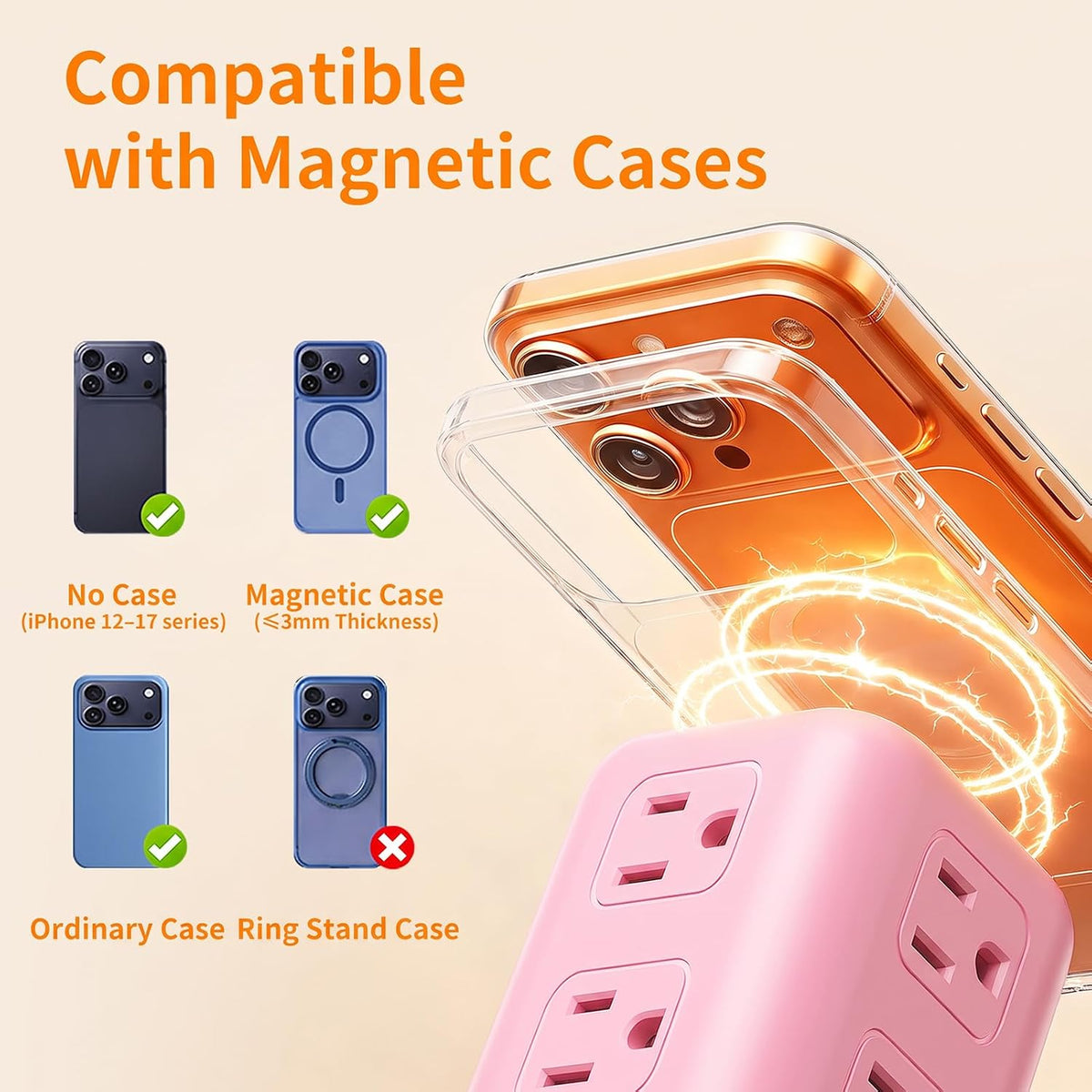 Extension Cord with Multiple Outlets, SMALLRT Outlet Extender with 12 AC Outlets 4 USB, 6.5FT Power Strip Tower for Home Office Supplies, Pink