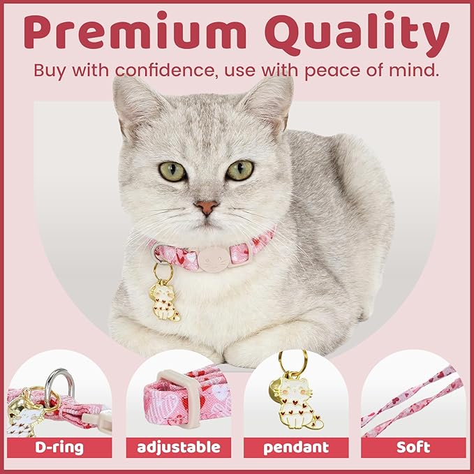 Valentine Cat Collar-2 Pack Collars Red Heart and Line Heart Print Breakaway with Kitten and Bell Pendant Safety Buckle Adjustable Pet Collar for Cats Gift for Cats and Small Pets