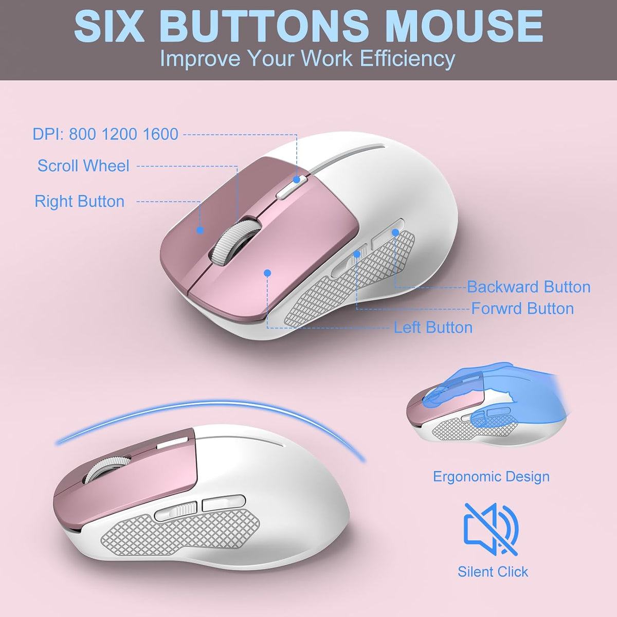 Rechargeable Silent Wireless Keyboard and Mouse Combo, Ergonomic Wrist Rest & Phone Tablet Holder, USB-C Adapter Included, 2.4G Lag-Free Cordless Set for Windows Mac Laptop PC Home Office (Rose Gold)