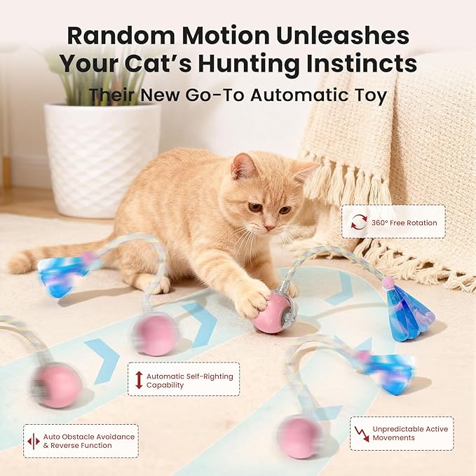 Rocfish Durable Interactive Cat Toys for Indoor Cats, Smart Automatic Cat Chase Ball Toy, Upgraded Speedy Tail Kitten Toy for Bored Indoor Adult Pets (New Pink)