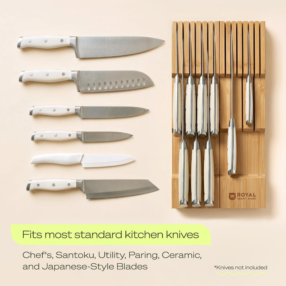 Knife Drawer Organizer - Bamboo In-Drawer Knife Block for 14 Knives – Premium Drawer Knife Organizer Insert, Kitchen Knife Holder for Safe Knife Storage, Compact Kitchen Organization & Drawer Storage
