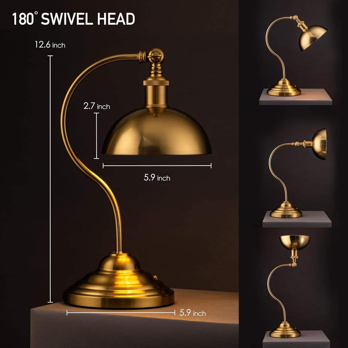 O'Bright Bankers - Cordless LED Table Lamp, Battery-Operated, Rechargeable, 3-Level Dimming, Universal USB-C Charging, 180° Swivel Head, Luxury Metal Shade, Antique Brass