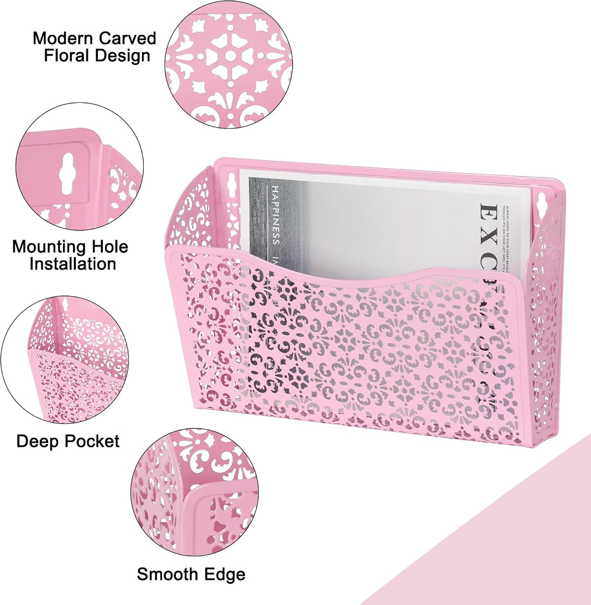EasyPAG 3 Single Wall Mount File Organizer Vertical Metal Wall Pocket File Holder for Office, Home, School, Pink