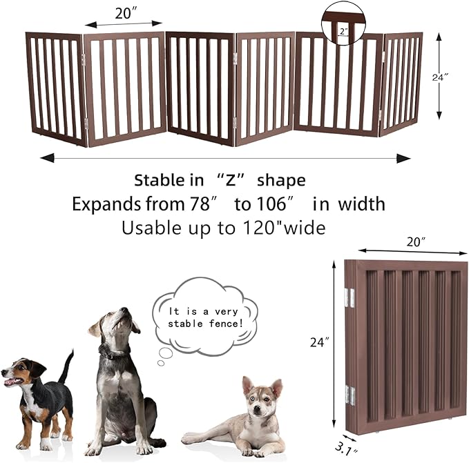 ZJSF Freestanding Indoor Dog Gate for House Foldable Wood Brown Puppy Gate for Doorways Pet Gate for Stairs Extra Wide Pet Fence 24" Height 6 Panels