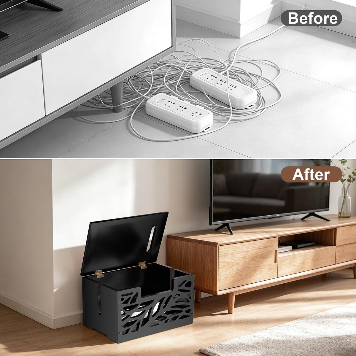 Large Cable Management Box, Cord Hider for Power Strip, Black