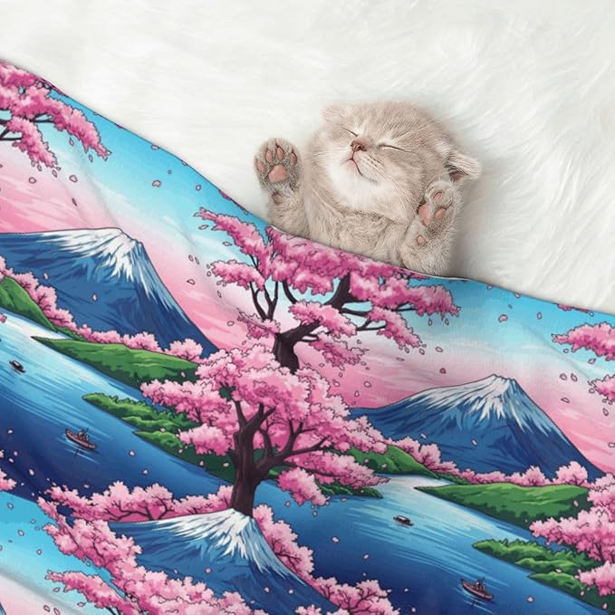 Two Sided Plush Pet Blanket for Warmth Comfort, Hokusai Japan Ink Cherry Flower Mount Fuji Painting, Reversible Throw with Cozy Nubby Side for Chilly Nights Napping Spots Around House