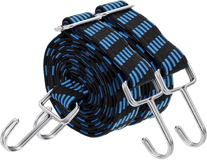 uxcell 2Pcs Adjustable Bungee Cords with Hooks, 79 Inch Flat Heavy Duty Elasticity Straps Rubber Bungee Cords with Buckle for Outdoor, Camping, Tarp, Bike Rack, Luggage, Black Blue