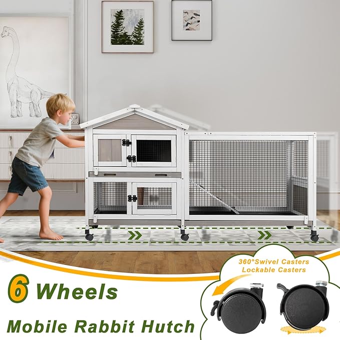 PetsCosset Rabbit Hutch Outdoor Indoor Bunny Hutch with Run 2-Story Large Rabbit Cage on 6 Wheels, 3 Leak Proof Trays, Ramp, Waterproof Roof for Small to Medium Animals, Expandable Design