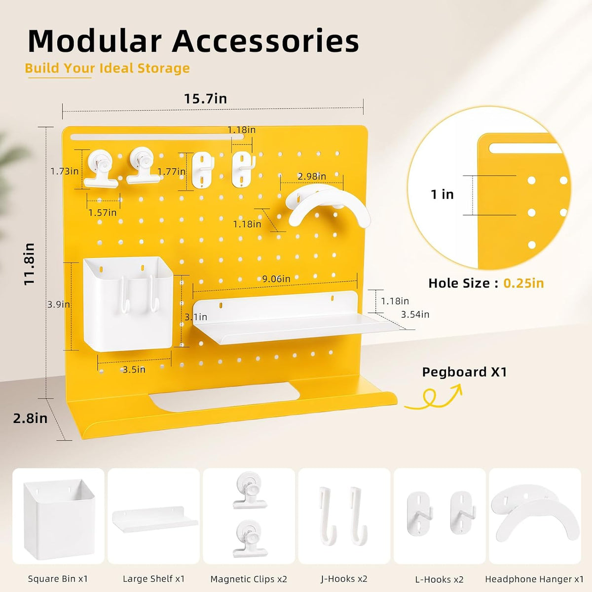 Metal Desk Pegboard Organizer, No Drill Modular Storage Kit 10 Accessories 15.8x11.8in White Yellow for Office Vanity