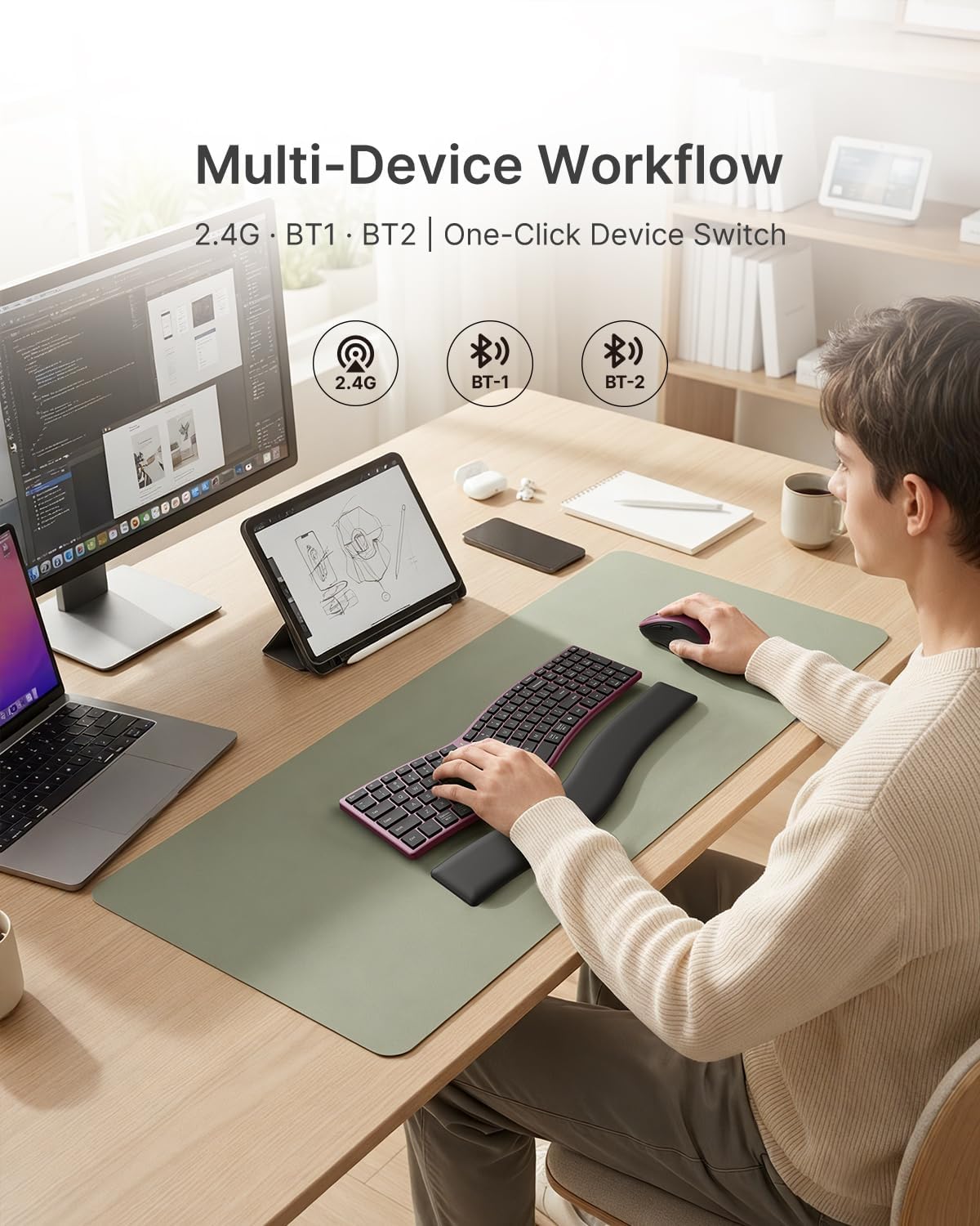 MEETION Slim Ergonomic Keyboard and Mouse with Separate Wrist Rest, Red