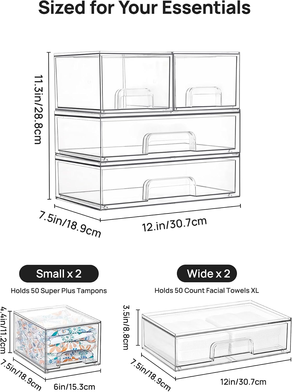 Vtopmart Clear Stackable Storage Drawers Set of 4, Plastic Organizer Bins