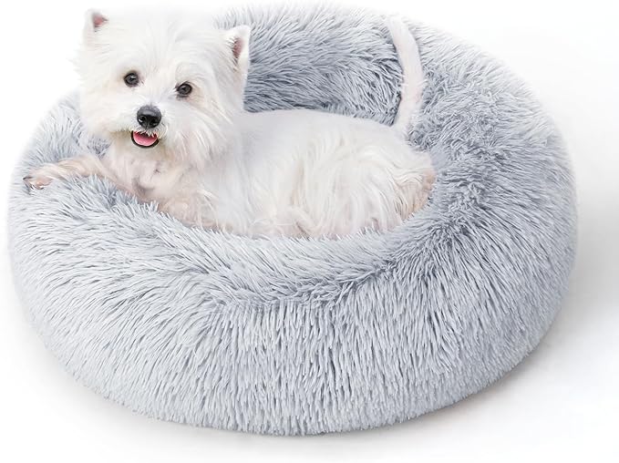 Calming Dog Bed & Cat Bed with Anti-Slip Bottom, Medium Size Washable Anti-Anxiety Donut Dog Beds for Medium Dogs, Fluffy Plush Cozy Round Dog Bed(27 Inch, Light Grey)