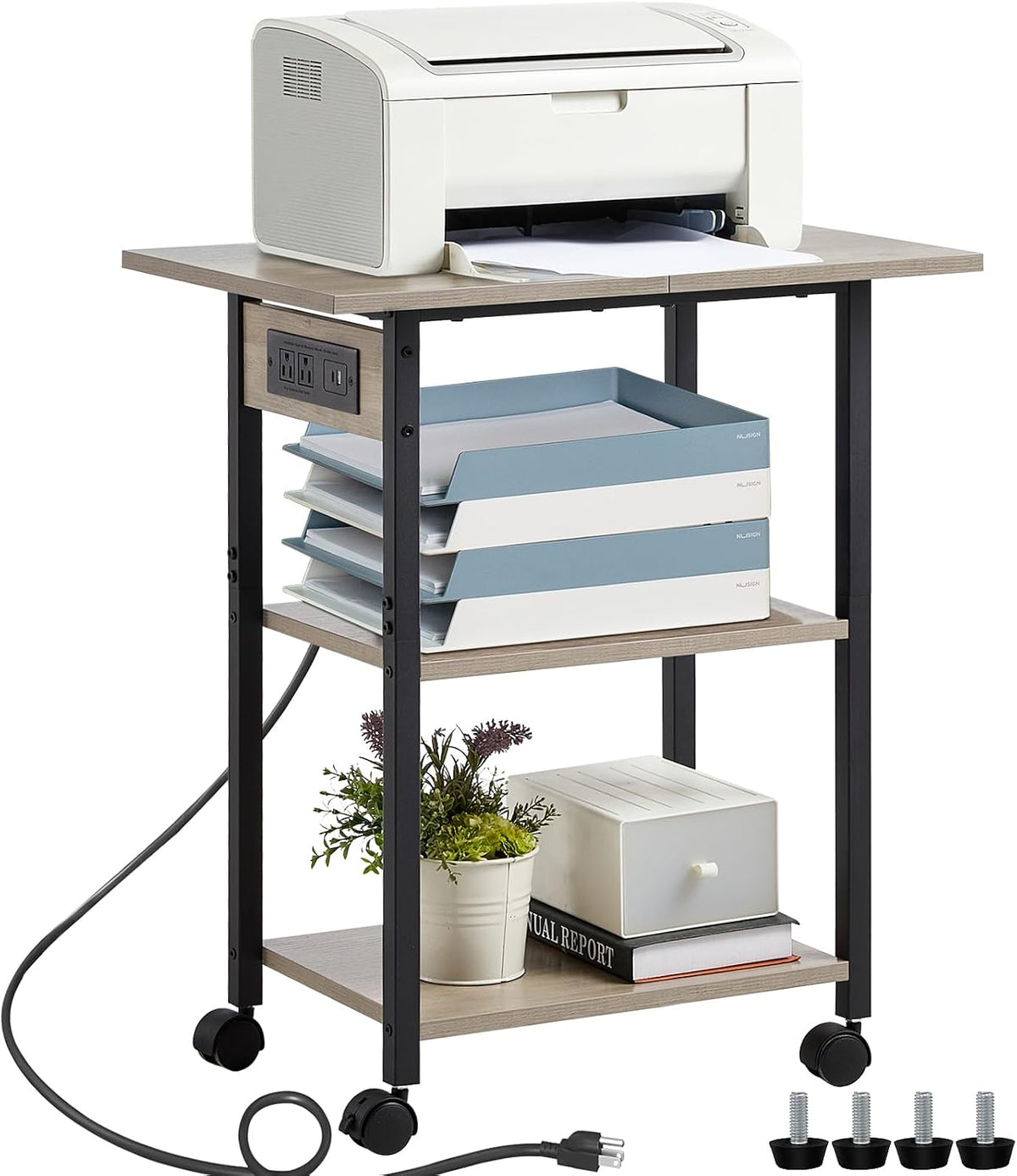 Lerliuo 3-Tier Printer Stand with Charging Station, Rolling Printer Table