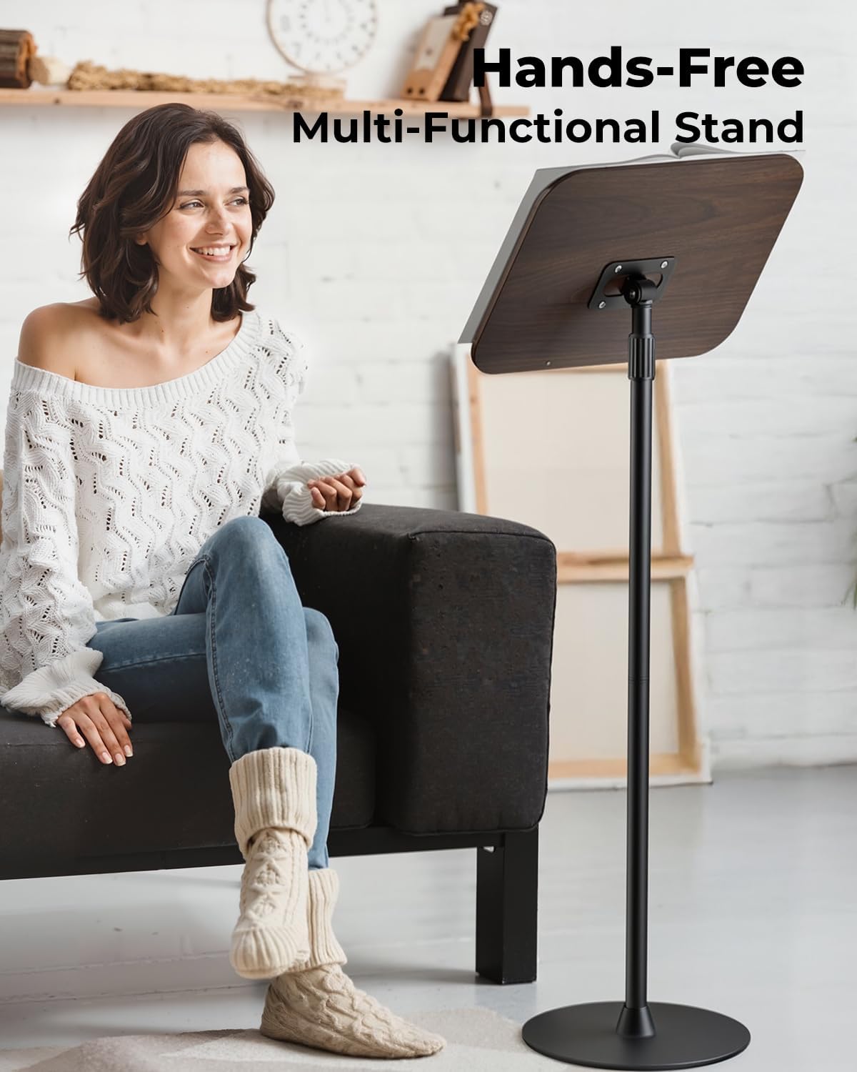 Adjustable Floor Book Stand & Book Holder for Reading, Laptop, and Tablet | Height Adjustable Standing Book Stand with Stable Base, Extendable Page Clips for Home, Office, Classroom