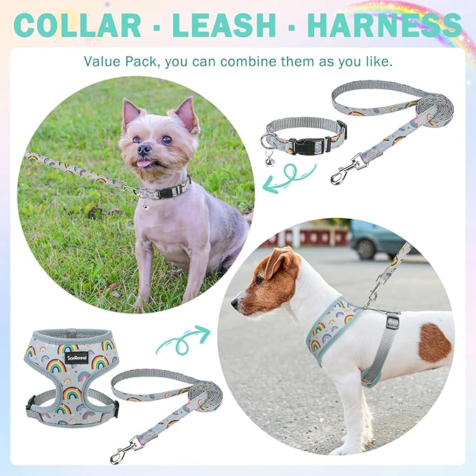 SCENEREAL Small Dog Harness Collar and Leash Set, Adjustable No Pull Pet Harnesses, No Chock Soft Mesh Vest for Doggie Puppy Medium Dogs Cats Girl or Boy,Chihuahua, Yorkie, Outdoor Walking