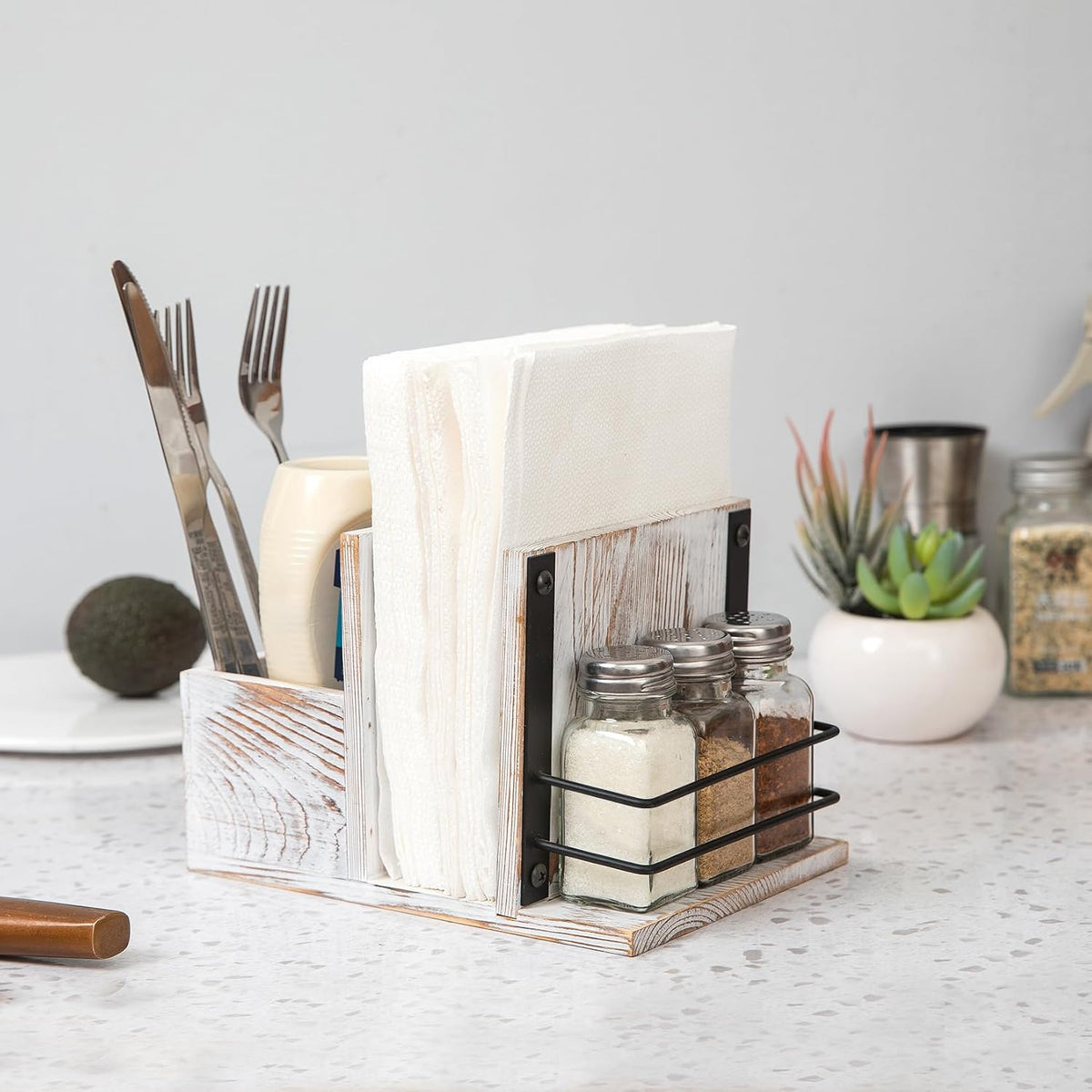 Rustic Whitewashed Wooden Kitchenware Organizer Napkin Utensil Spice Holders Table Seasoning Shakers Chalkboard Label Countertop Salt Pepper Caddy Wood Kitchen Dining Room Restaurant Café Home