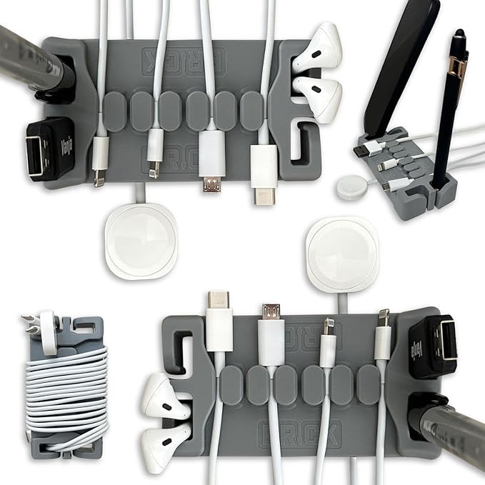 DeskBrick 2PK – Patented Non-Slip Steel-Weighted Desk Organizers & Cable Management Gadgets, Versatile Cord, Phone & Accessory Holders for Office, Home & Desktop – Best Gift for Men. Gray