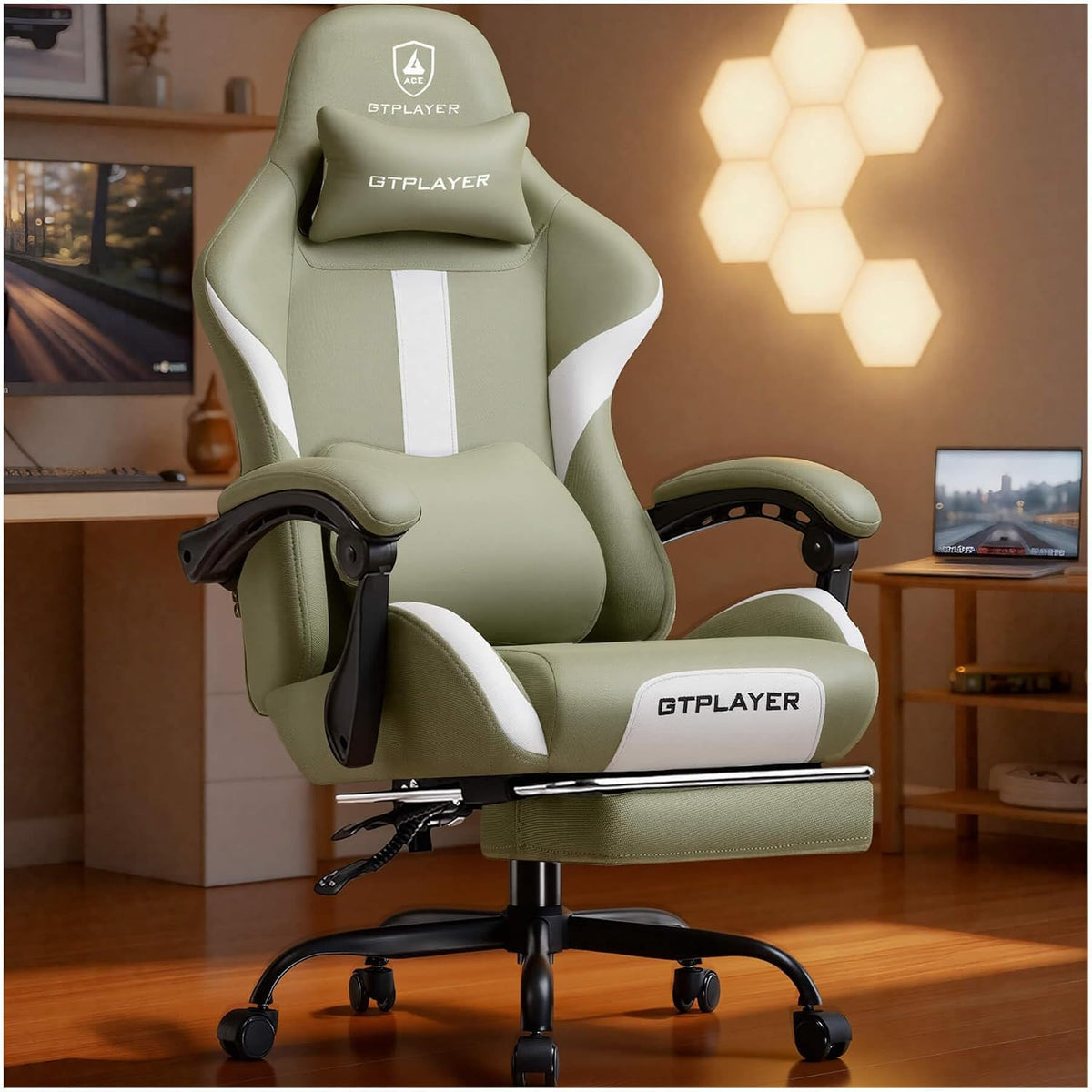 GTPLAYER Gaming Chair with Foot Rest & Pocket Spring Cushion, Ergonomic High Back Computer Desk Chair with Headrest & Lumbar Support for Back Pain Relief, Breathable Fabric, Green