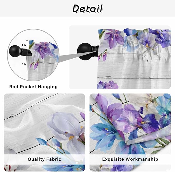 Spring Flowers Kitchen Curtains, Watercolor Garden Florals Wooden Grain Light