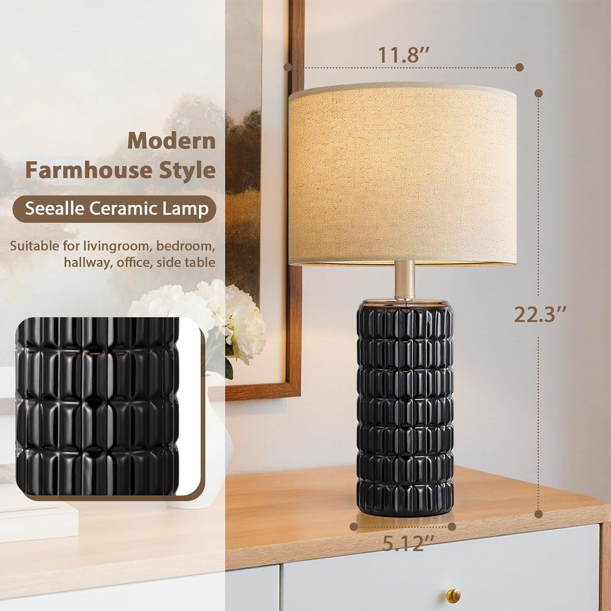 Seealle 23" Modern Ceramic Table Lamps Set of 2, Lamps for Bedroom, Black