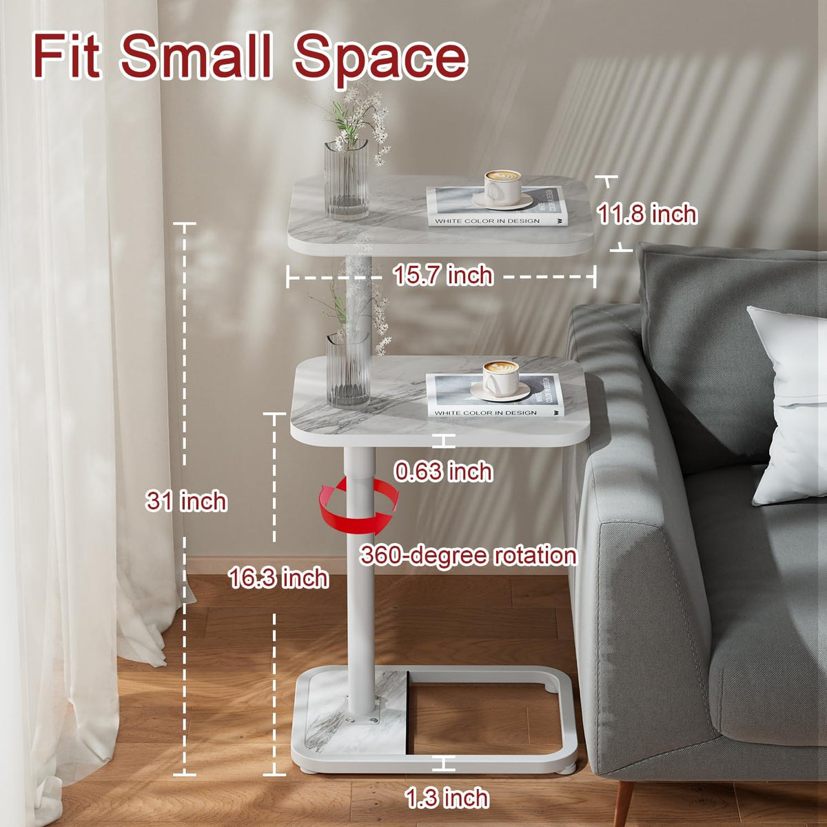 GOYLSER C Shaped Tv Trays Living Room End Table End Stand, White Marble Minimalist Wooden C Table for Sofa, Height Adjustable Tv Tray Tables Side Table for Dinner Eating
