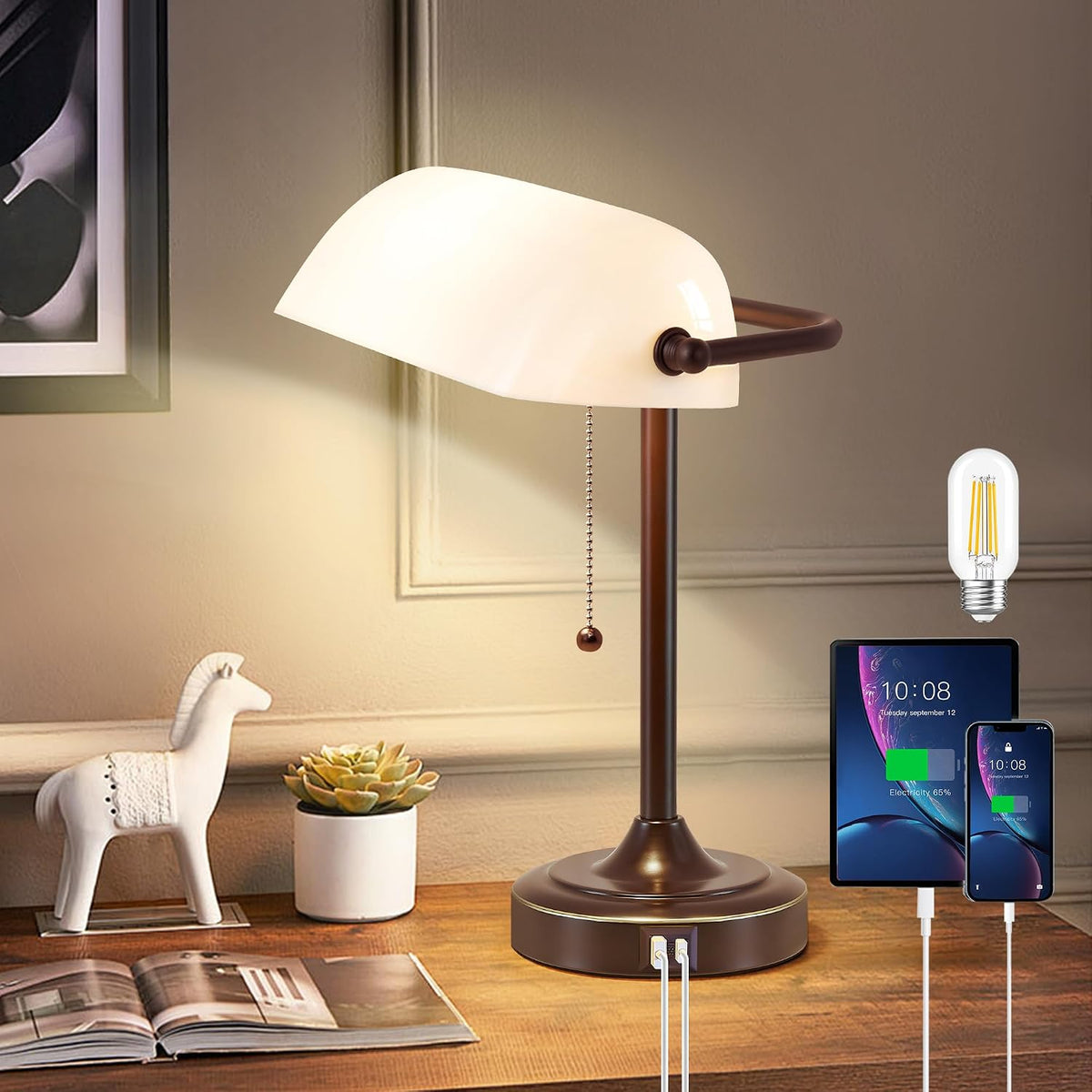 Vintage Desk Lamp Bankers Lamp - Plastic Lampshade Brown Retro Table Lamp with USB & Type C Charging Ports Traditional Library Lamp for Home Office Bedroom Nightstand Side Table Lamp(Bulb Included)