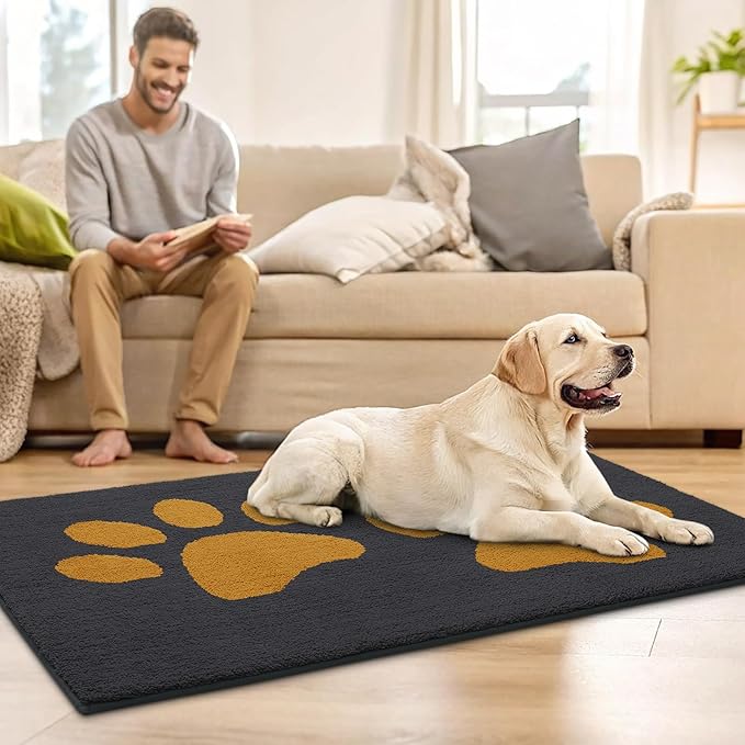Buganda Dog Door Mat for Muddy Paws, Absorbent Dirt Trapper Washable Indoor Doormats, Non Slip Low-Profile Mud Mat for Dogs, Front Entrance Doormat for Inside Floor (30x20Inches,Dark Grey and Yellow)