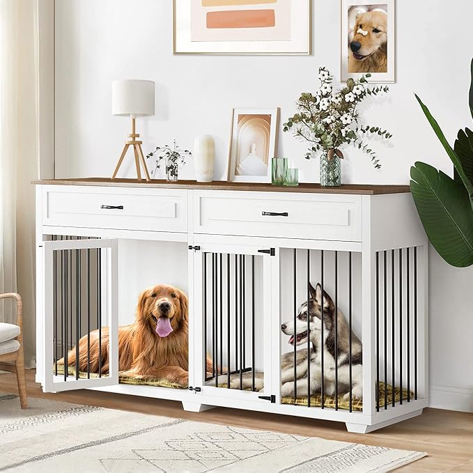 Furniture Style Dog Crate, 72" Large Wooden Dog Kennel with Drawers & Divider, Heavy Duty Indoor Dog Cage with Double Rooms for Large Medium Small Dogs, White